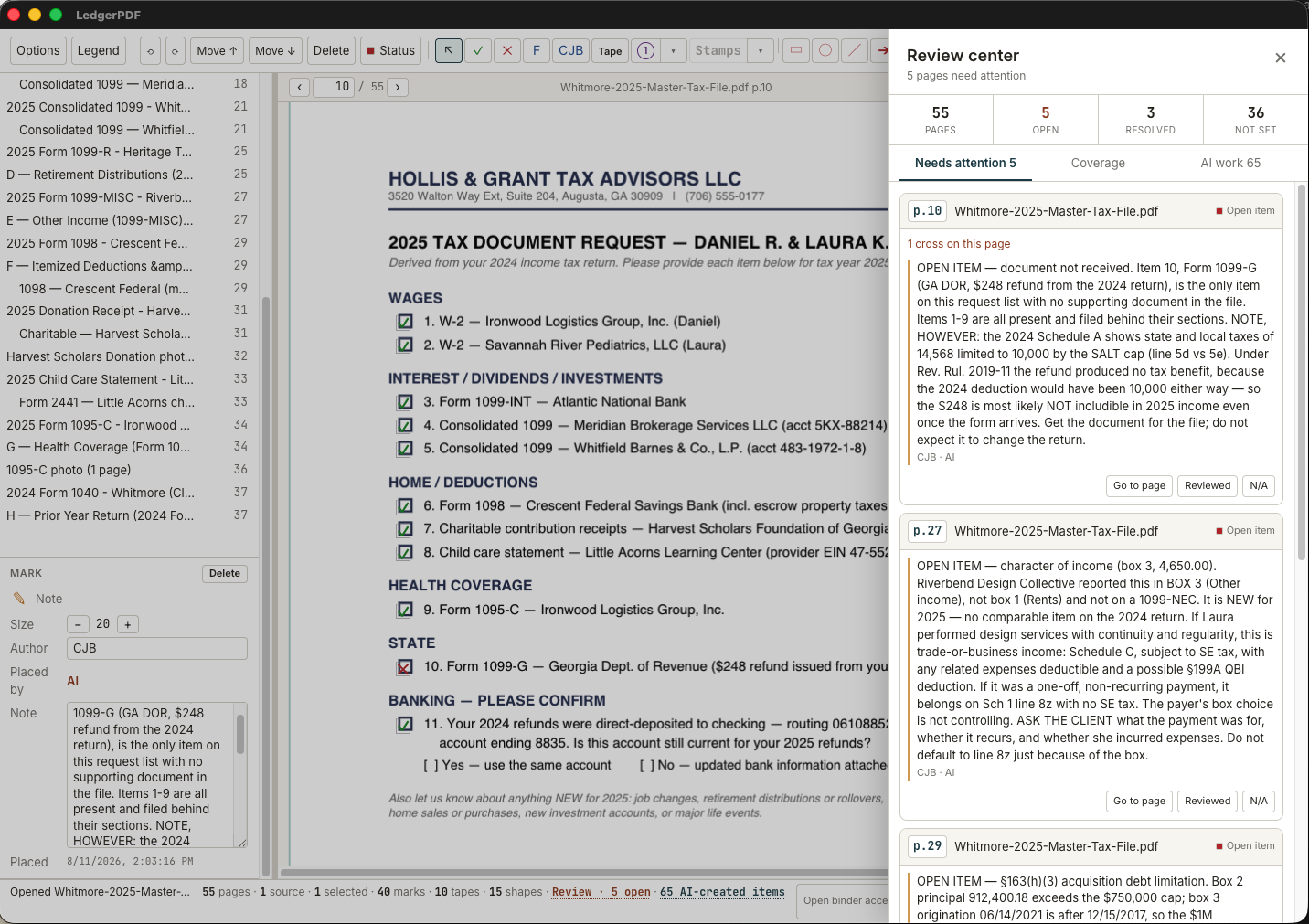 LedgerPDF Review Center showing open review items beside a fictional tax document