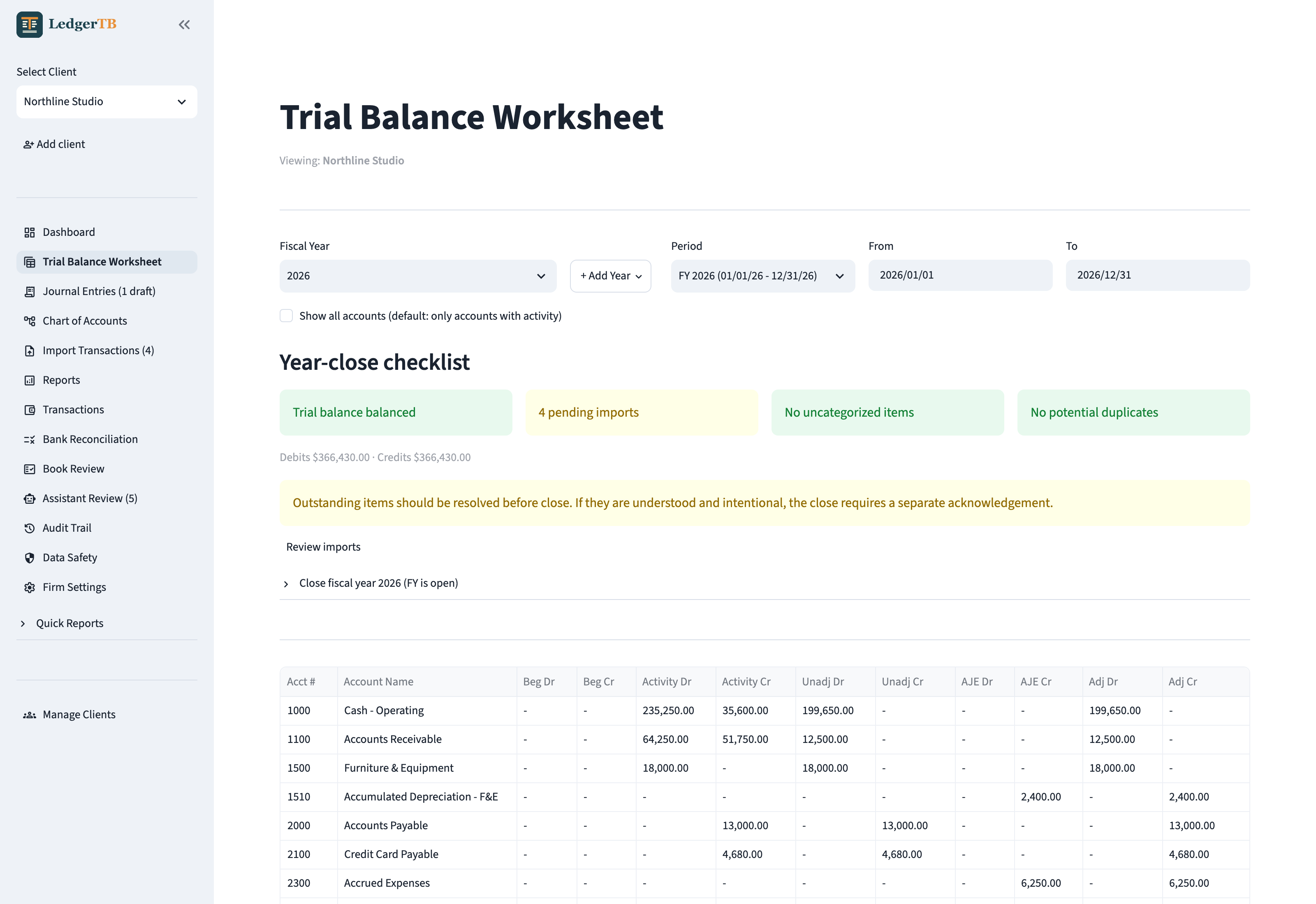 LedgerTB trial balance worksheet with a year-close checklist and account balances for a fictional sample business